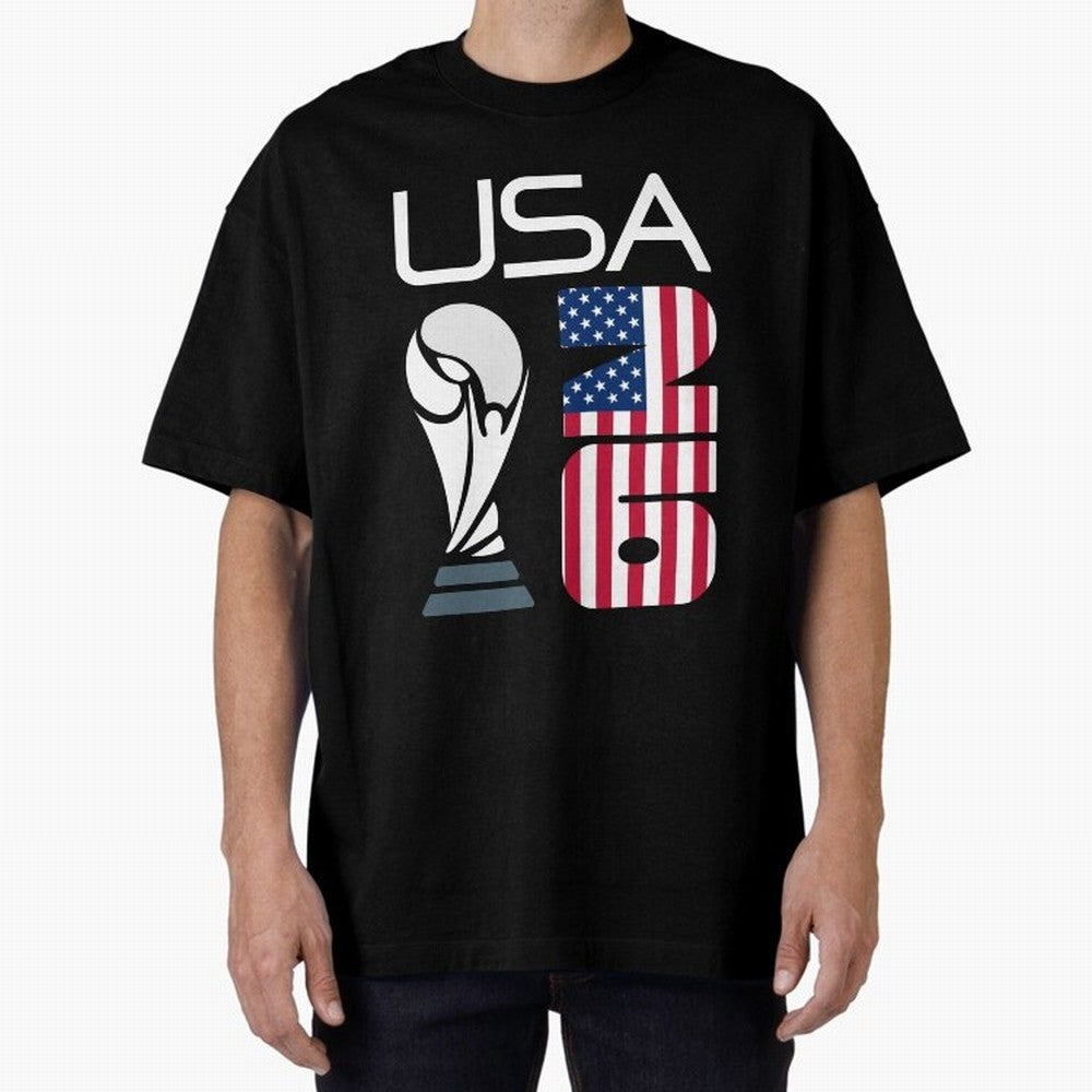 USA 2026 Soccer World Cup Trophy American Flag Design Oversized T-Shirt Show Passion for the Stars of Global Football Passion for FIFA World Cup 2026 Group Stage, Capturing CR7, Argentina and Brazil, Goal Celebration Energy, Supporter Heritage,