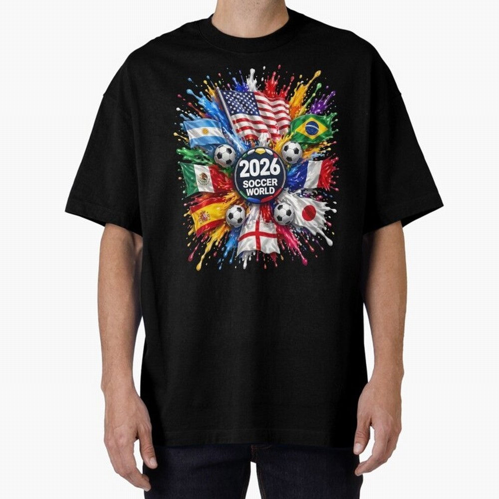2026 Soccer World Flags USA Mexico Canada Football Paint Splash Graphic Oversized T-Shirt Create FIFA World Cup 2026 USA Canada Mexico for Fans of Cristiano Ronaldo, Haaland and CR7 and Argentina, Bringing Match Day Excitement, Supporter Culture,