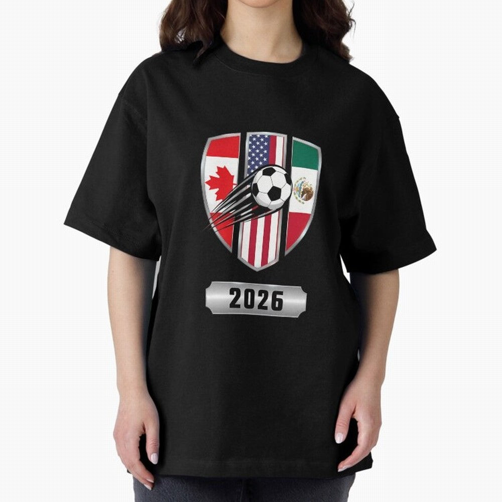 North United America Shield 2026 Cup Oversized T-Shirt Honor Football Greatness during Global Football Passion for FIFA World Cup 2026, Highlighting CR7 and Messi, Brazil, Portugal and Argentina, Goal Celebration Energy, Supporter Heritage,