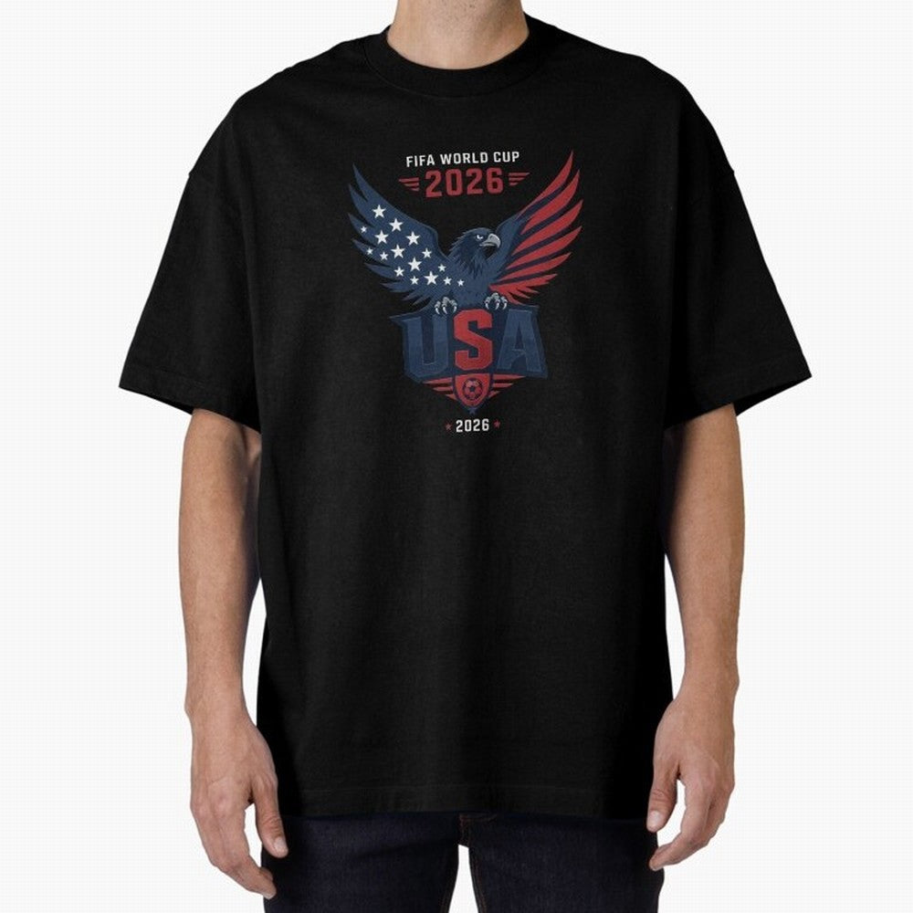 FIFA World Cup 2026 USA Eagle Soccer Logo Oversized T-Shirt Represent FIFA World Cup 2026 Celebrating Mbappe, Brazil Energy, Classic Soccer Heritage, Championship Pressure, Fan Loyalty and International Pride; Perfect for Supporters Who Want Bold