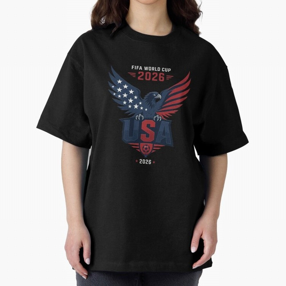 FIFA World Cup 2026 USA Eagle Soccer Logo Oversized T-Shirt Represent FIFA World Cup 2026 Celebrating Mbappe, Brazil Energy, Classic Soccer Heritage, Championship Pressure, Fan Loyalty and International Pride; Perfect for Supporters Who Want Bold