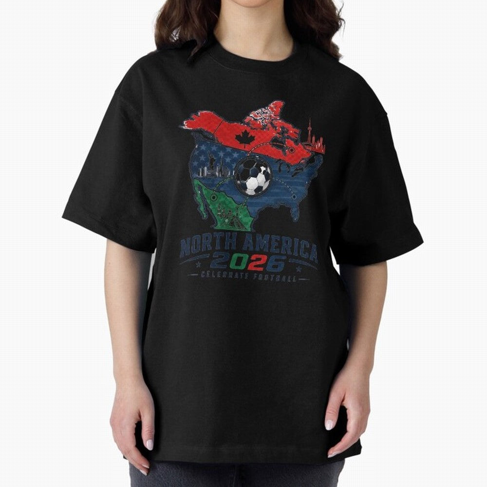 United by Football 2026 North America Soccer Design Oversized T-Shirt Represent Fans Who Live for the FIFA World Cup 2026 USA Canada Mexico Journey through Messi, CR7 and Mbappe Highlights, Portugal, Spain and Germany Pride, Retro Football Energy,