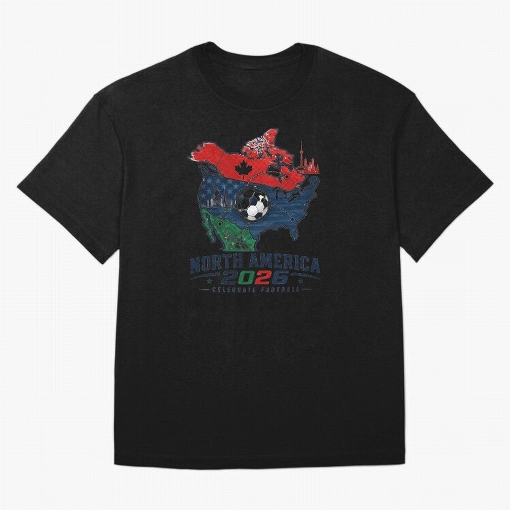 United by Football 2026 North America Soccer Design Oversized T-Shirt Represent Fans Who Live for the FIFA World Cup 2026 USA Canada Mexico Journey through Messi, CR7 and Mbappe Highlights, Portugal, Spain and Germany Pride, Retro Football Energy,