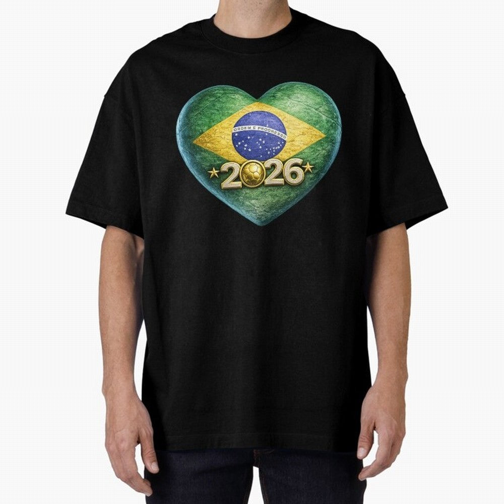 Brazil 2026 World Football Heart Flag Designs Oversized T-Shirt Show Your Stadium Side during Match Day Hype around FIFA World Cup 2026 USA Canada Mexico, Messi and Cristiano Ronaldo, Brazil, Football Festival Excitement, Trophy Ambitions, Country