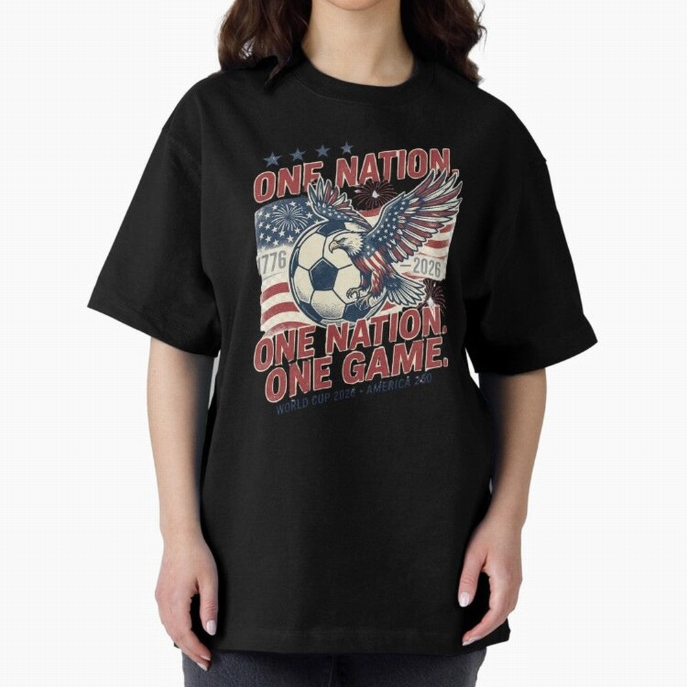 One Nation One Game World Cup 2026 Oversized T-Shirt Carry the Dream of FIFA World Cup 2026 for Fans of Messi and France and Portugal, Bringing Retro Football Energy, Iconic Rivalries, Trophy Chase Drama and Stadium Atmosphere; Great for Supporters