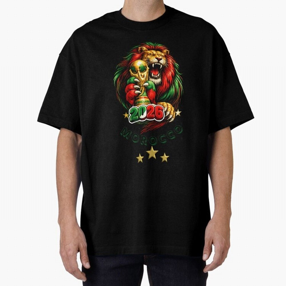 Moroccan Lion World Cup 2026 Design Oversized T-Shirt Celebrate Fan Culture around FIFA World Cup 2026 Group Stage Connected to Mbappe, France and Portugal Energy, Global Supporter Spirit, Legendary Goals, National Colors and Tournament