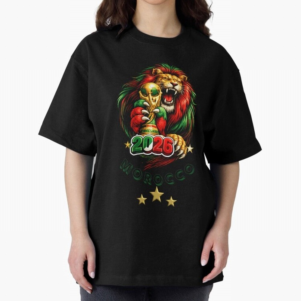 Moroccan Lion World Cup 2026 Design Oversized T-Shirt Celebrate Fan Culture around FIFA World Cup 2026 Group Stage Connected to Mbappe, France and Portugal Energy, Global Supporter Spirit, Legendary Goals, National Colors and Tournament