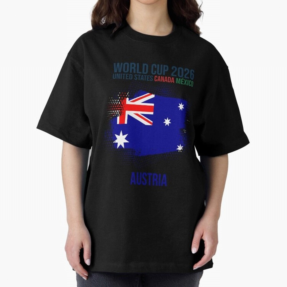 AUSTRIA WORLD CUP 2026 Oversized T-Shirt Bring International Match Energy to FIFA World Cup 2026 USA Canada Mexico Celebrating Messi and Cristiano Ronaldo, Argentina and Brazil Energy, Retro Football Energy, Iconic Rivalries, Trophy Chase Drama and