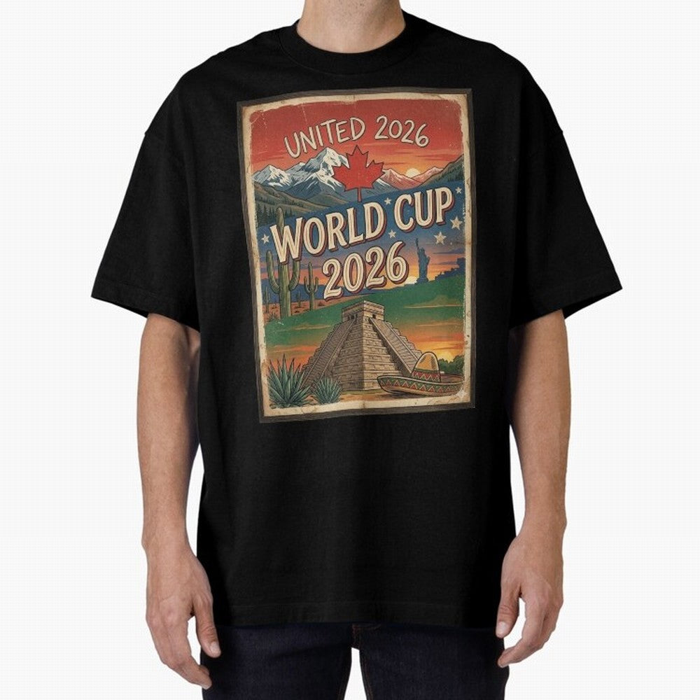 United 2026 World Cup ¨C Vintage North America Soccer Poster Oversized T-Shirt Back the Journey through the FIFA World Cup 2026 Group Stage Journey through Haaland Highlights, Argentina Pride, Tournament Hype, Historic Matchups, Family Viewing