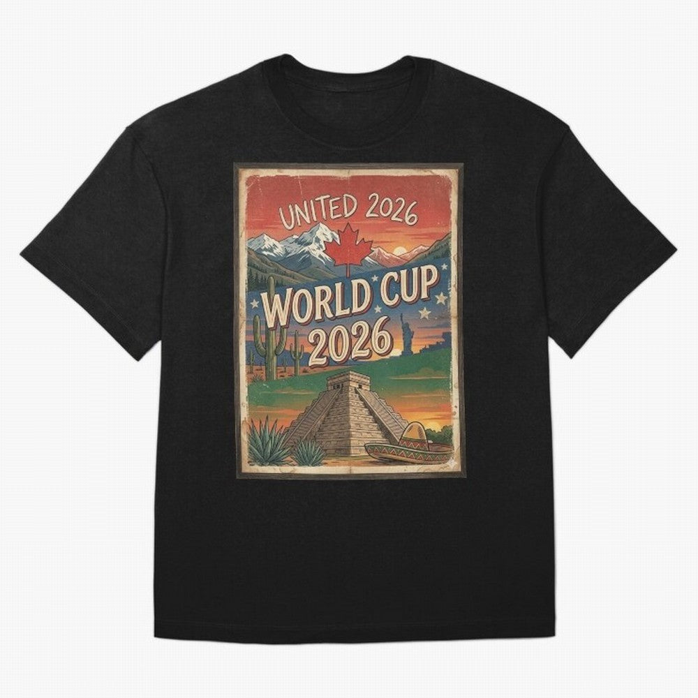 United 2026 World Cup ¨C Vintage North America Soccer Poster Oversized T-Shirt Back the Journey through the FIFA World Cup 2026 Group Stage Journey through Haaland Highlights, Argentina Pride, Tournament Hype, Historic Matchups, Family Viewing