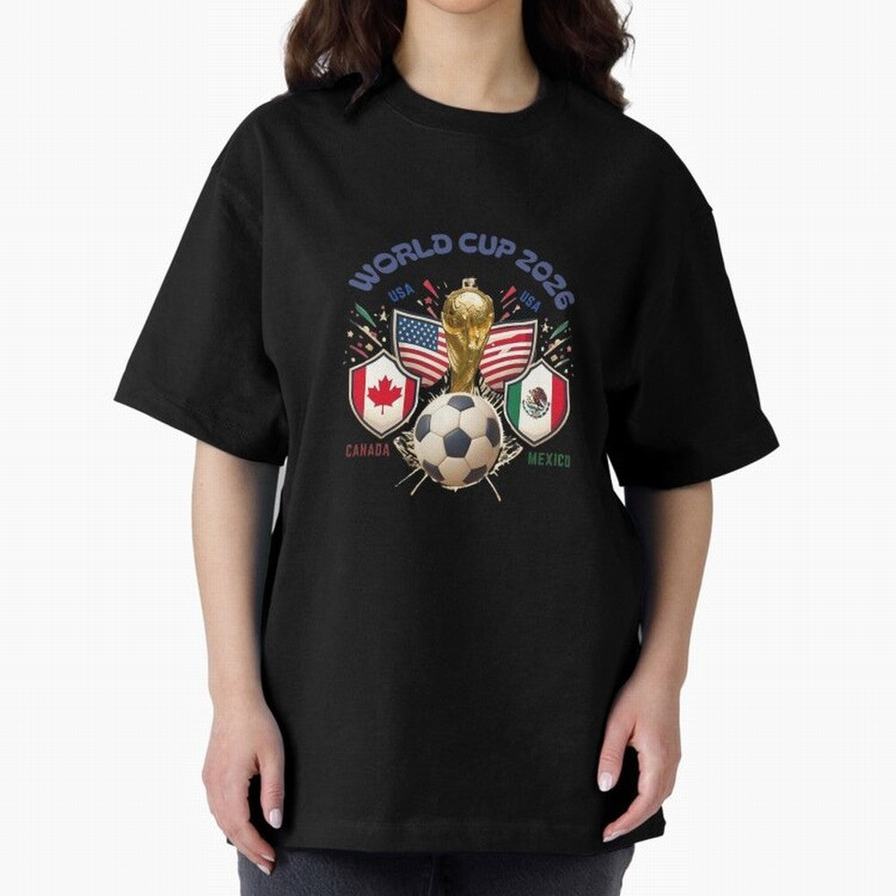 World Cup 2026 Host Nations Crest Oversized T-Shirt Capture Stadium Memories from FIFA World Cup 2026 Group Stage Spirit, Featuring England and Germany, Messi and Cristiano Ronaldo, Football Festival Excitement, Trophy Ambitions, Country Rivalries