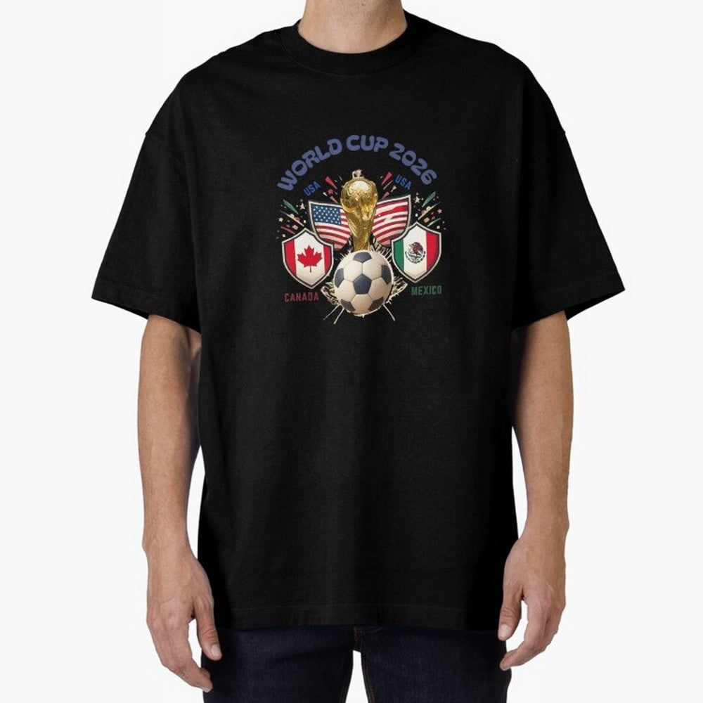 World Cup 2026 Host Nations Crest Oversized T-Shirt Capture Stadium Memories from FIFA World Cup 2026 Group Stage Spirit, Featuring England and Germany, Messi and Cristiano Ronaldo, Football Festival Excitement, Trophy Ambitions, Country Rivalries