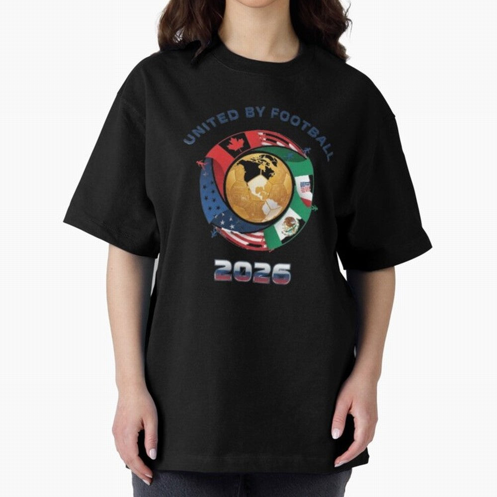 United By Football 2026 Logo Oversized T-Shirt Spotlight FIFA World Cup 2026 Spirit, Capturing Spain and Netherlands, Messi, Neymar and Mbappe, Football History, Final Match Energy, Crowd Noise and Once in a Lifetime Moments; Ideal for Fans Who