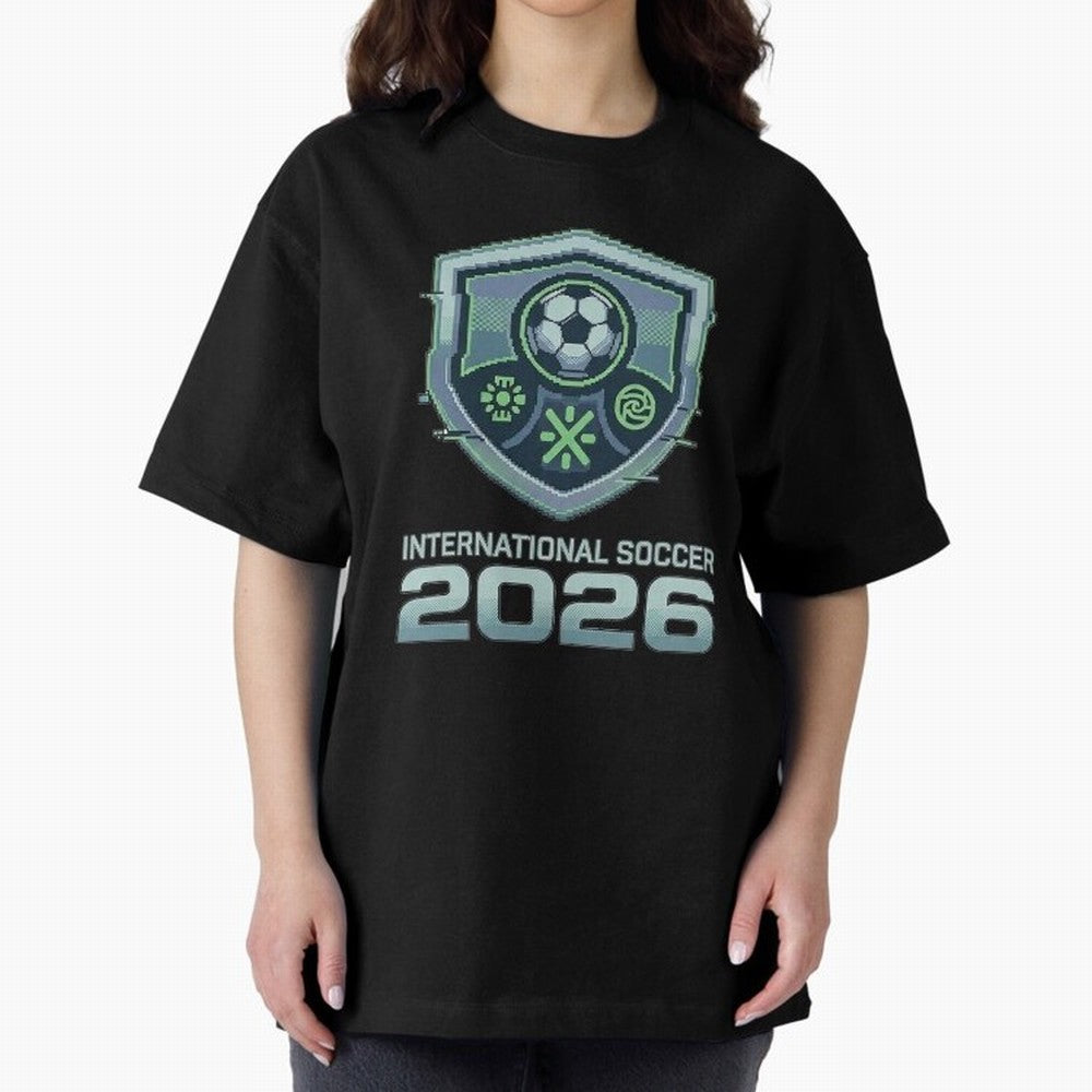 International Soccer 2026 Retro Pixel Glitch Crest Oversized T-Shirt Follow the Final Road of the FIFA World Cup 2026 Group Stage Journey through Mbappe Highlights, Spain and Netherlands Pride, Championship Spirit, Famous Goals, Roaring Crowds and
