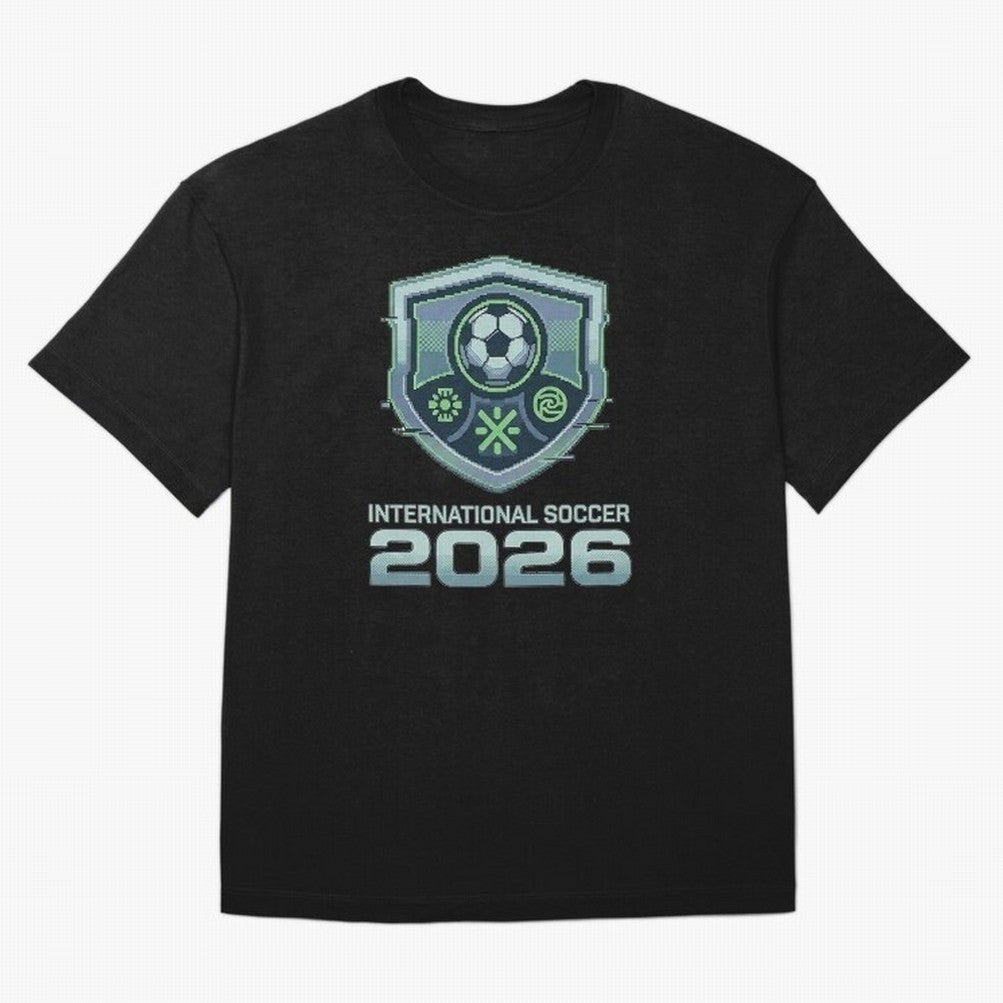 International Soccer 2026 Retro Pixel Glitch Crest Oversized T-Shirt Follow the Final Road of the FIFA World Cup 2026 Group Stage Journey through Mbappe Highlights, Spain and Netherlands Pride, Championship Spirit, Famous Goals, Roaring Crowds and