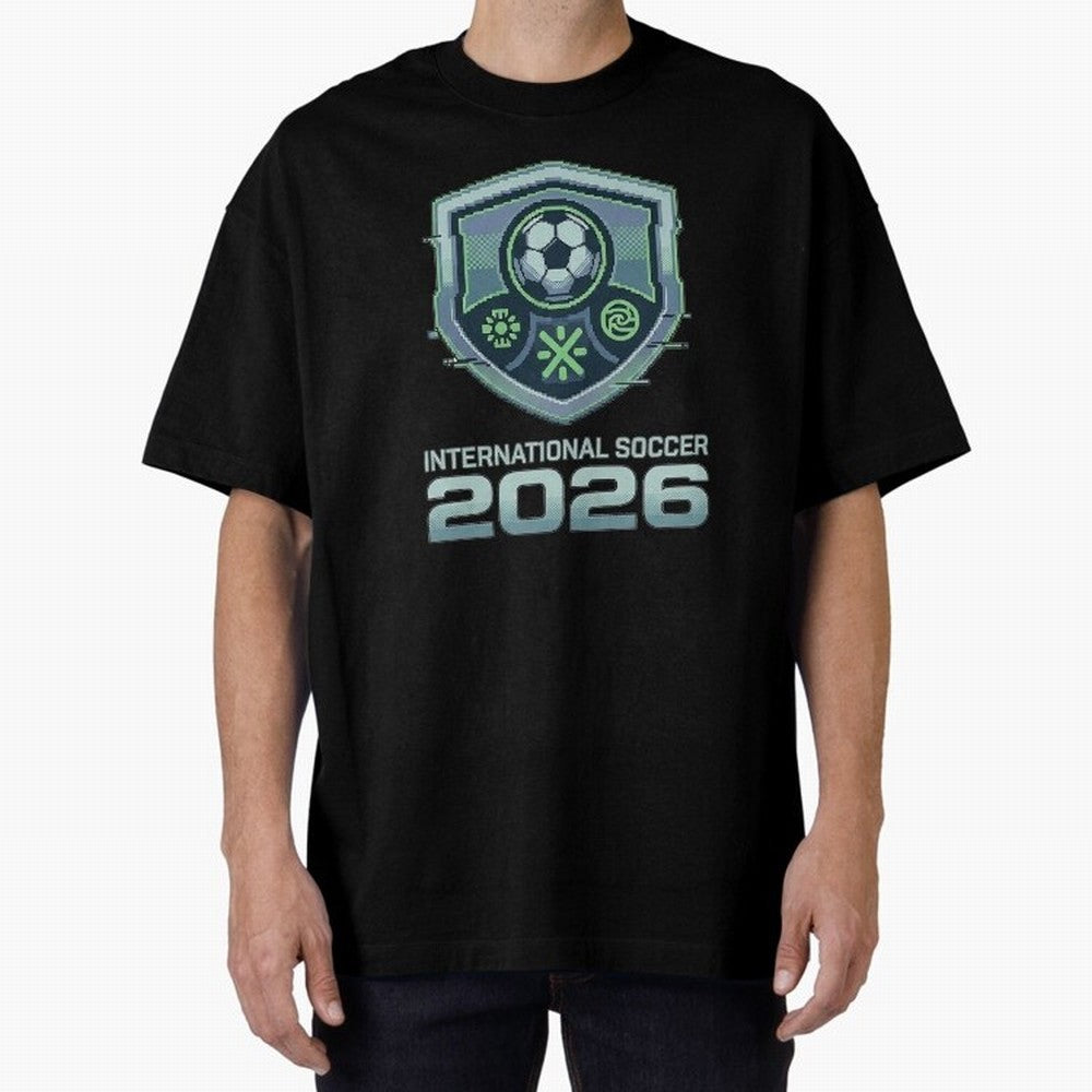 International Soccer 2026 Retro Pixel Glitch Crest Oversized T-Shirt Follow the Final Road of the FIFA World Cup 2026 Group Stage Journey through Mbappe Highlights, Spain and Netherlands Pride, Championship Spirit, Famous Goals, Roaring Crowds and