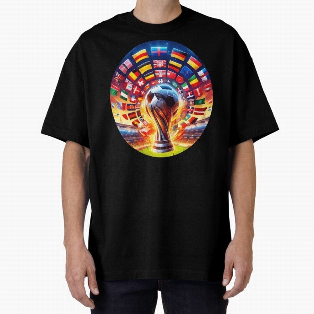 Global Football Fever (The Road to Victory) Oversized T-Shirt Remember Iconic Moments from FIFA World Cup 2026 USA Canada Mexico Spirit, Featuring France and Portugal, Messi, Retro Football Energy, Iconic Rivalries, Trophy Chase Drama and Stadium