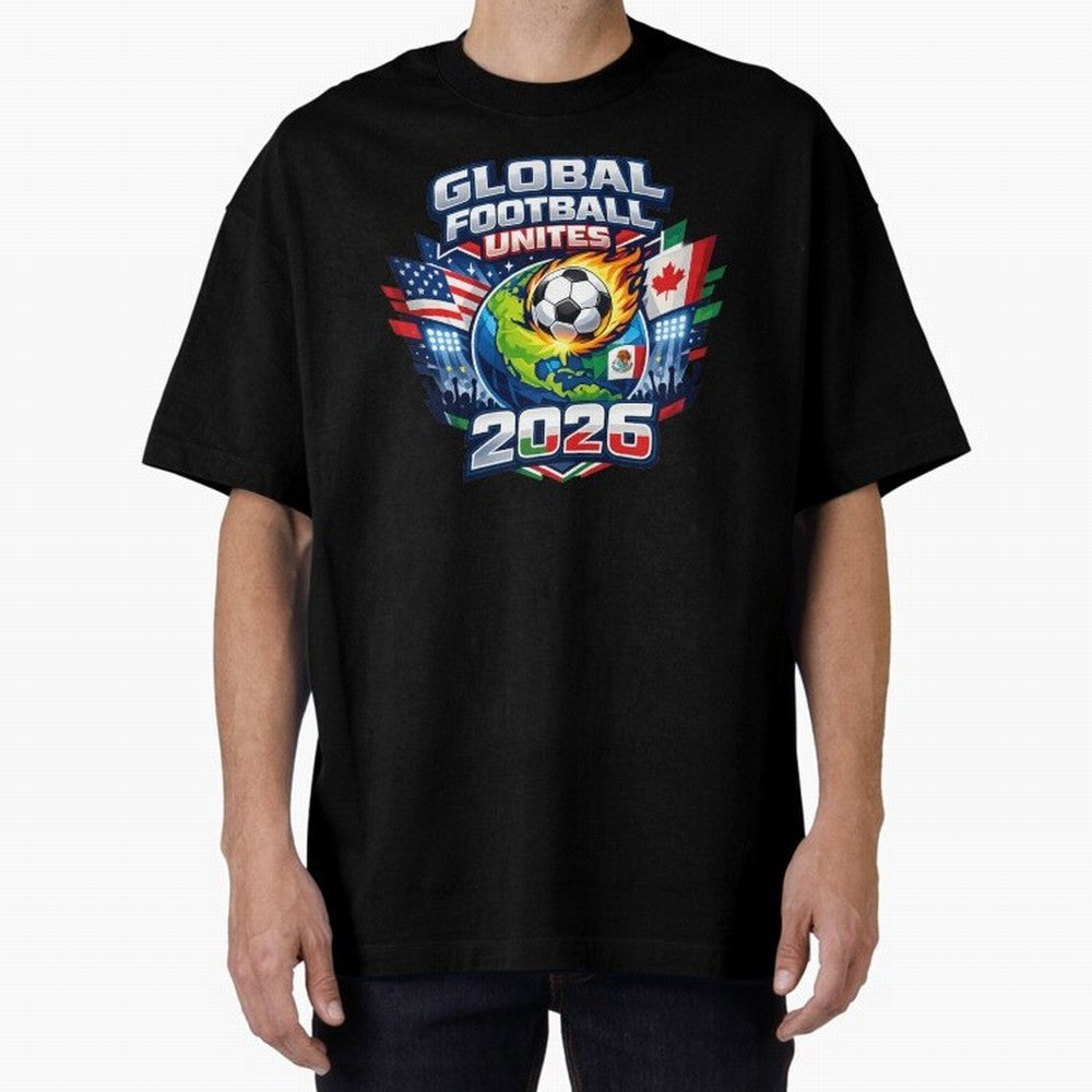 Global Football Unites 2026 USA Canada Mexico Oversized T-Shirt Carry National Pride through FIFA World Cup 2026 for Fans of Cristiano Ronaldo, Haaland and CR7 and Argentina and Brazil, Bringing Football History, Final Match Energy, Crowd Noise and