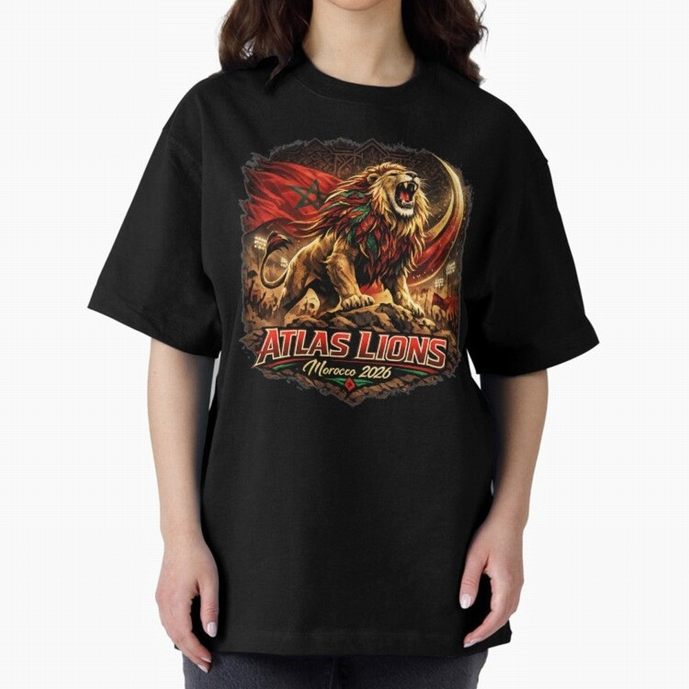 Morocco Football Fan - Atlas Lions Oversized T-Shirt Stand Proud for FIFA World Cup 2026 Driven by Cristiano Ronaldo, England Energy, Football Passion, Legendary Performances, Festival Vibes and Supporter Community; Great for Watch Parties, Sports