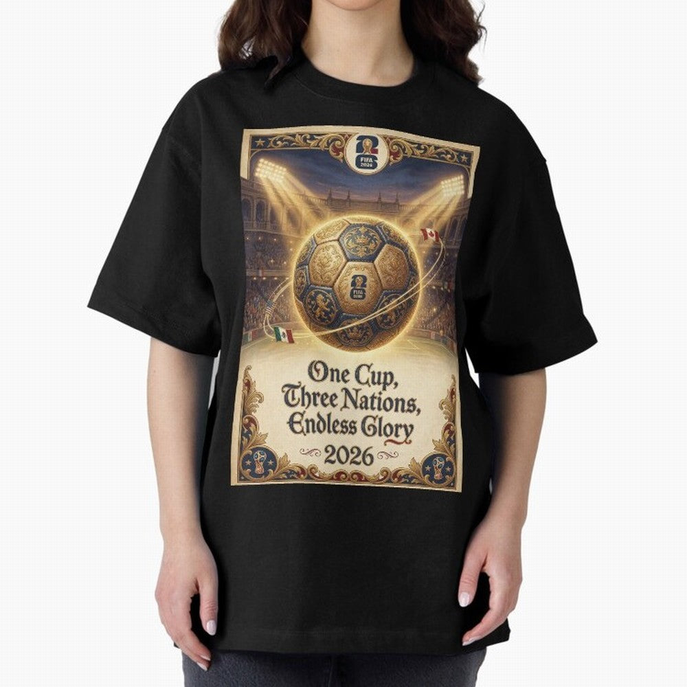 FIFA World Cup 2026 Poster Oversized T-Shirt Honor Global Football Passion for FIFA World Cup 2026 USA Canada Mexico, with Neymar, Argentina, France and Brazil, Match Day Excitement, Supporter Culture, Golden Goals and Global Football Passion;