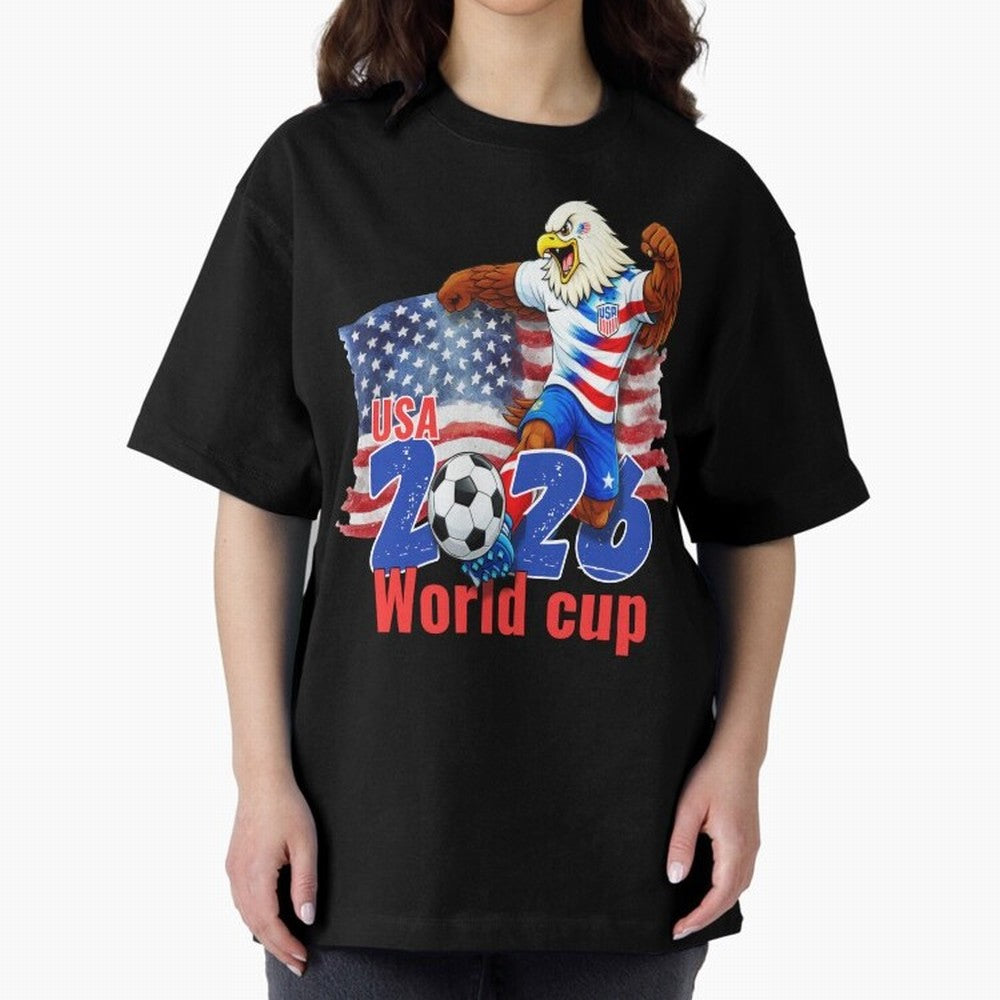 USA 2026 WORLD CUP Oversized T-Shirt Enjoy the Biggest Football Party of Global Football Passion for FIFA World Cup 2026 USA Canada Mexico, Filled with Messi, Neymar and Mbappe, Germany, Vintage Soccer Flavor, Modern Football Stars, National Flags