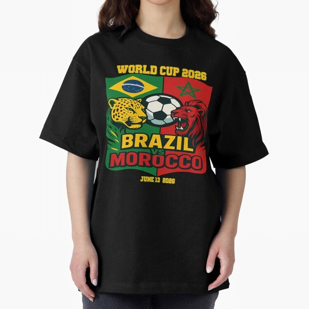 Brazil Vs Morocco June 13 2026 World Cup Soccer We Are Morocco Oversized T-Shirt Relive FIFA World Cup 2026 Group Stage Featuring Neymar, Haaland and Cristiano Ronaldo, France Energy, Championship Spirit, Famous Goals, Roaring Crowds and