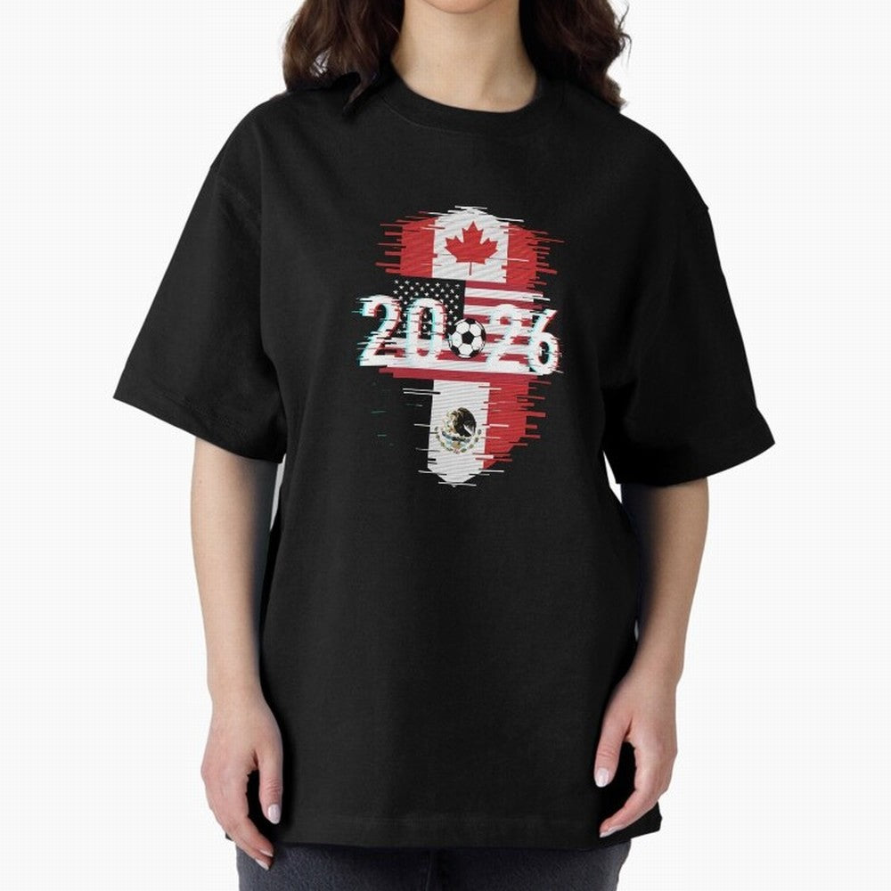 Glitched United 2026 - North America Emblem Cup T-Shirt_82794505 Oversized T-Shirt Bring Retro Soccer Energy to FIFA World Cup 2026 USA Canada Mexico Spirit, Centered on Germany, Mbappe, Football History, Final Match Energy, Crowd Noise and Once in