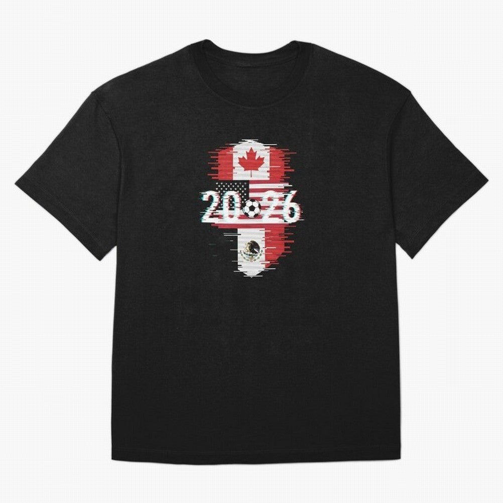 Glitched United 2026 - North America Emblem Cup T-Shirt_82794505 Oversized T-Shirt Bring Retro Soccer Energy to FIFA World Cup 2026 USA Canada Mexico Spirit, Centered on Germany, Mbappe, Football History, Final Match Energy, Crowd Noise and Once in