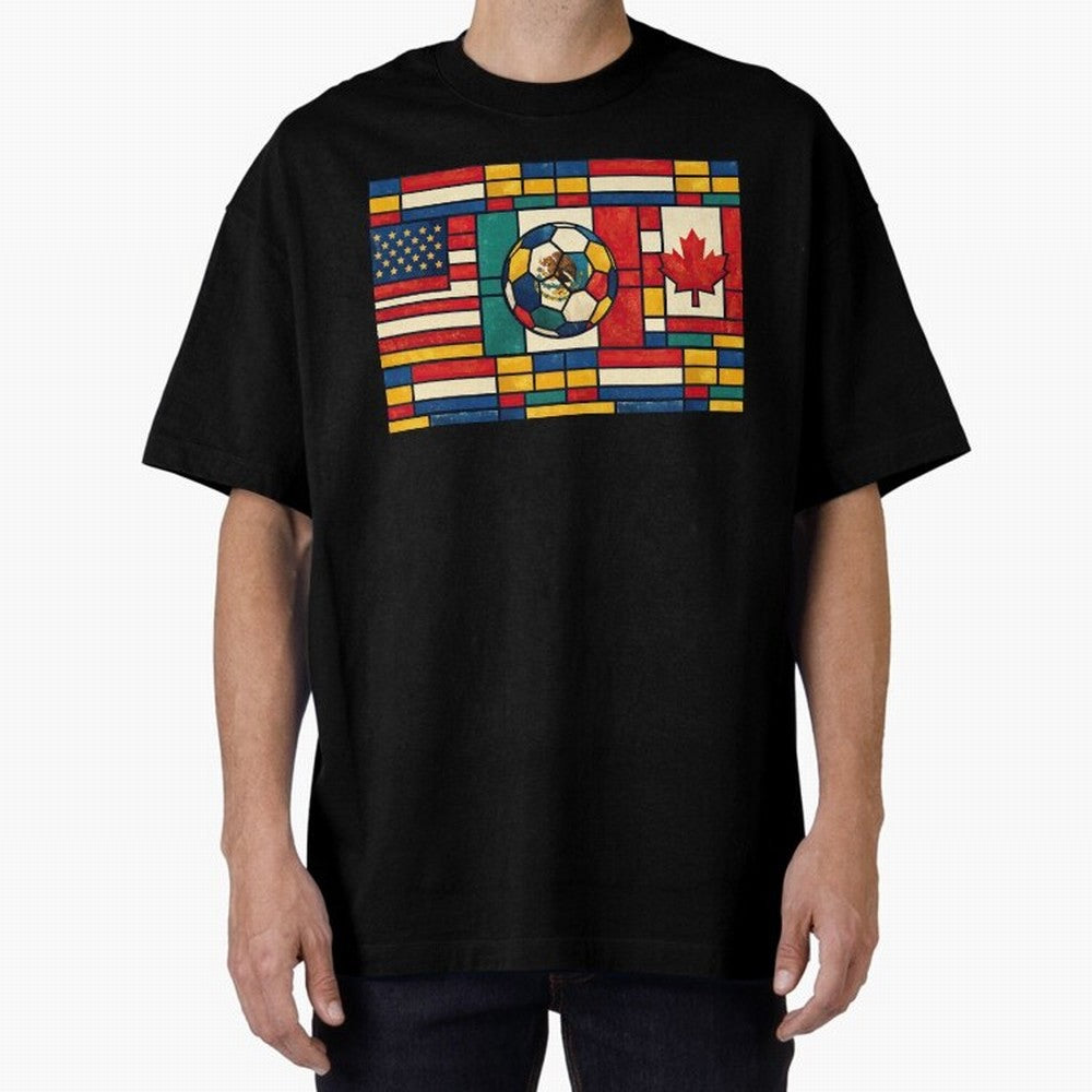 Elegant World Cup Stadiums Geometrical | Soccer Flags Mexico Canada USA Oversized T-Shirt Relive Global Football Passion for FIFA World Cup 2026 USA Canada Mexico, Centered on Neymar, Haaland and Cristiano Ronaldo, Argentina, France and Brazil,