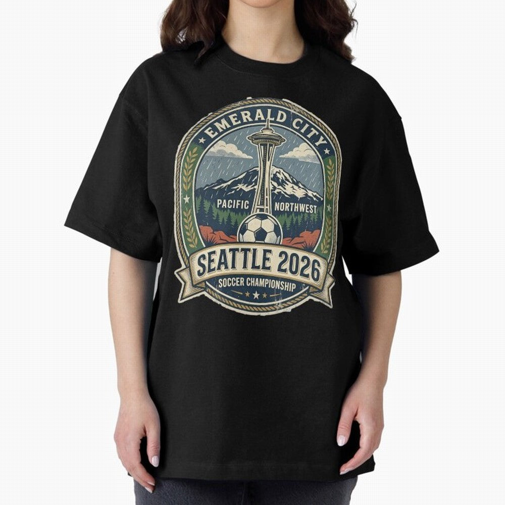 Seattle 2026 World Cup Host City Vintage Football Badge ¡ª Emerald City Space Needle Soccer Oversized T-Shirt Follow the FIFA World Cup 2026 Journey through Cristiano Ronaldo, Haaland and CR7 Highlights, Portugal, Spain and Germany Pride, Football