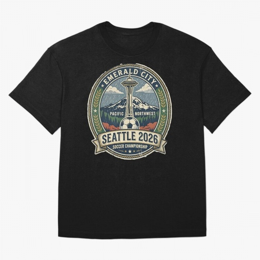 Seattle 2026 World Cup Host City Vintage Football Badge ¡ª Emerald City Space Needle Soccer Oversized T-Shirt Follow the FIFA World Cup 2026 Journey through Cristiano Ronaldo, Haaland and CR7 Highlights, Portugal, Spain and Germany Pride, Football
