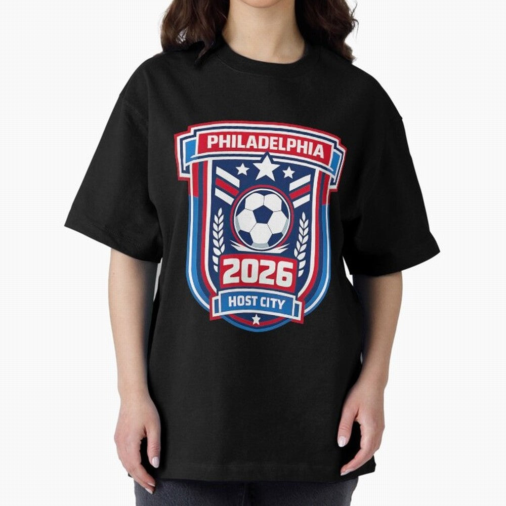 Philadelphia 2026 Soccer Host City Welcoming the World Cup Oversized T-Shirt Stand with Global Football Passion for FIFA World Cup 2026, Featuring Haaland, Spain and Netherlands, Sports Nostalgia, International Competition, Famous Players and