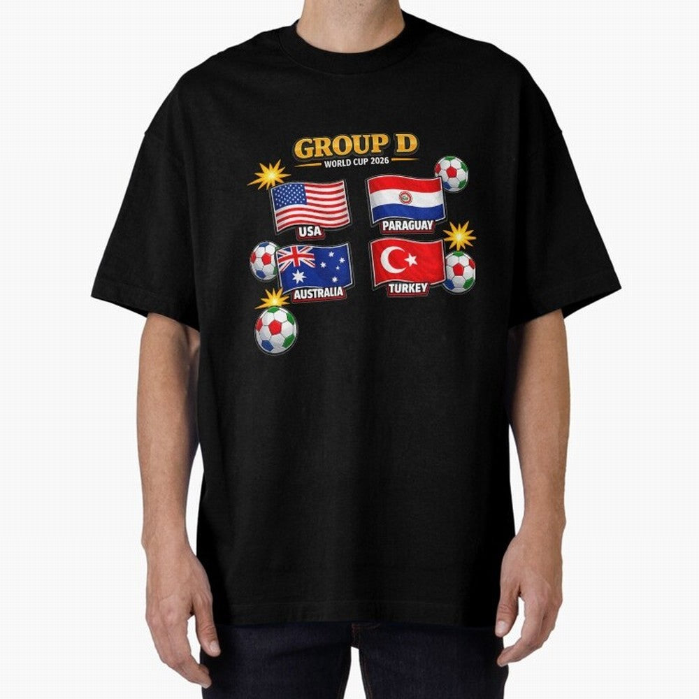 Group?D?¨C?World?Cup?2026?Flags Oversized T-Shirt Show Your Tournament Heart for FIFA World Cup 2026 USA Canada Mexico Centered on Mbappe and Neymar, Brazil Energy, Retro Football Energy, Iconic Rivalries, Trophy Chase Drama and Stadium Atmosphere;