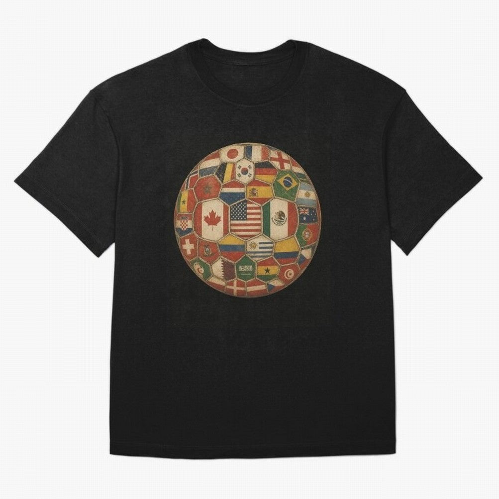 Vintage World Flags Soccer Ball,2026 International Football Graphic Gifts Tee Oversized T-Shirt Enjoy Global Football Passion for FIFA World Cup 2026, Highlighting Neymar, Haaland and Cristiano Ronaldo, Brazil, Portugal and Argentina, Vintage