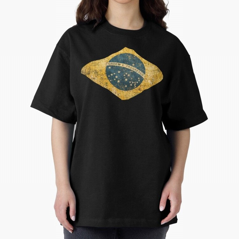 Vintage Brazil Flag Soccer Fan Design Oversized T-Shirt Feel the Roar of Global Football Passion for FIFA World Cup 2026, Celebrating Neymar, Haaland and Cristiano Ronaldo, Germany, Global Supporter Spirit, Legendary Goals, National Colors and