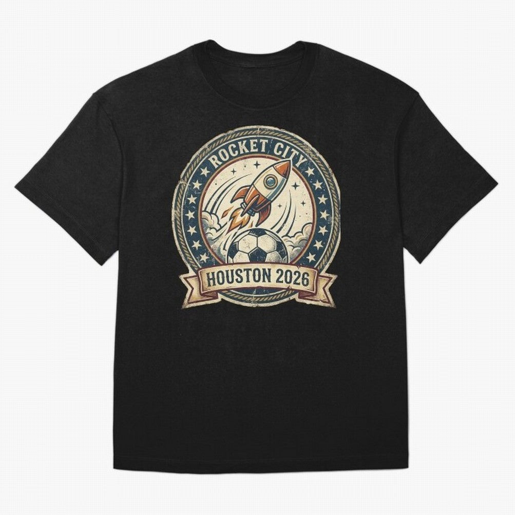 Houston 2026 World Cup Host City Vintage Football Badge ¡ª Rocket City Space Soccer Crest Design Oversized T-Shirt Celebrate Soccer Greatness during FIFA World Cup 2026 Group Stage Featuring Cristiano Ronaldo, France Energy, Champion Mindset, Group