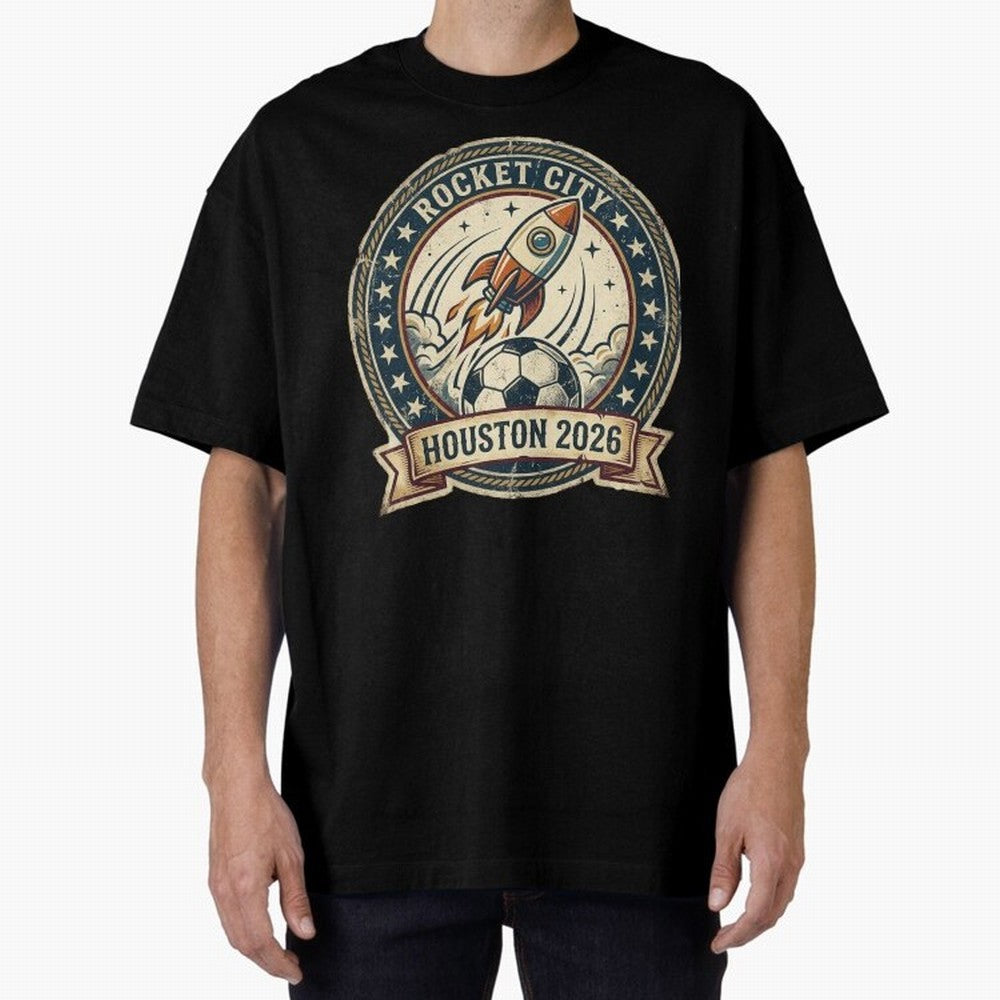 Houston 2026 World Cup Host City Vintage Football Badge ¡ª Rocket City Space Soccer Crest Design Oversized T-Shirt Celebrate Soccer Greatness during FIFA World Cup 2026 Group Stage Featuring Cristiano Ronaldo, France Energy, Champion Mindset, Group
