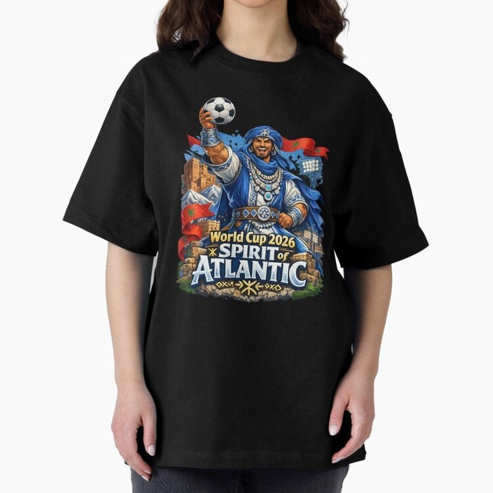 Moroccan World Cup 2026 Spirit of Atlantic Oversized T-Shirt Support the FIFA World Cup 2026 Group Stage Journey through CR7 Highlights, England and Germany Pride, Retro Football Energy, Iconic Rivalries, Trophy Chase Drama and Stadium Atmosphere;