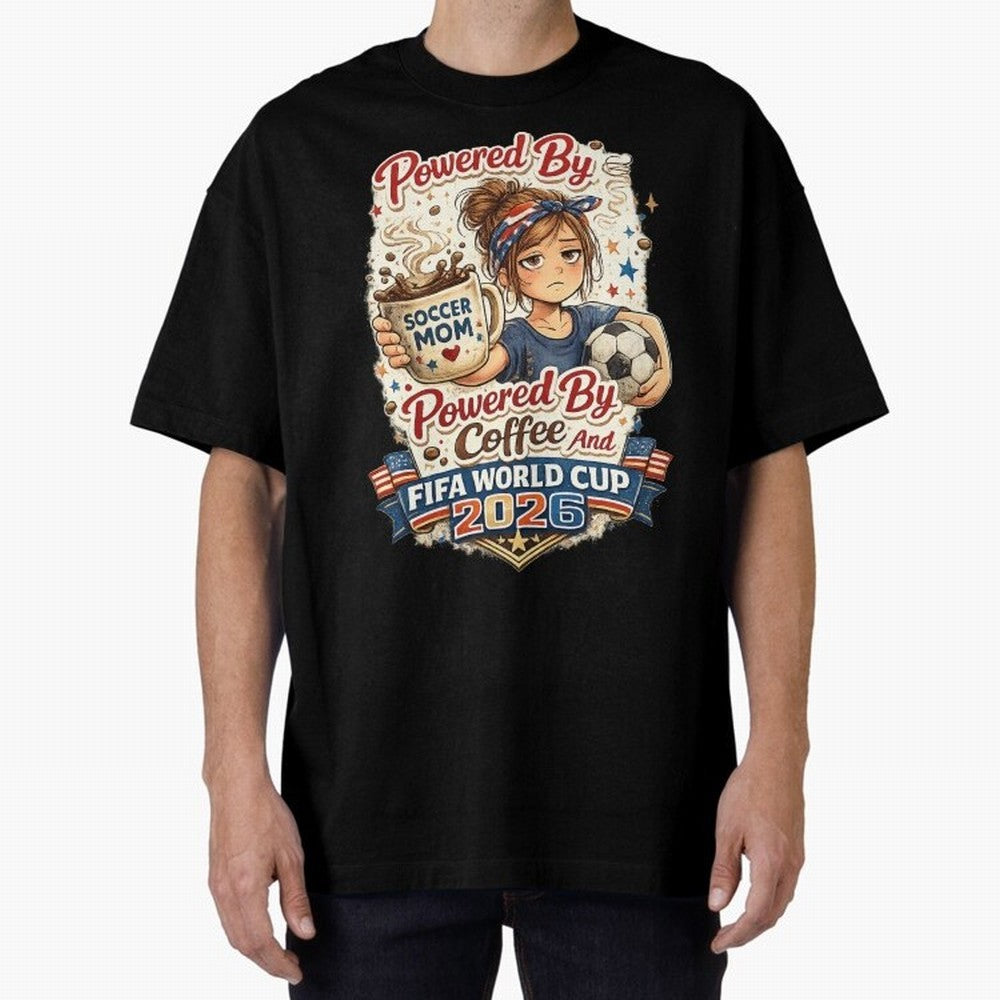 Funny USA Football Design Soccer Mom Powered By Coffee And FIFA World Cup 2026 Oversized T-Shirt Represent FIFA World Cup 2026 USA Canada Mexico for Fans of Cristiano Ronaldo and Portugal, Spain and Germany, Bringing Match Day Excitement, Supporter