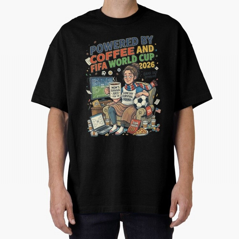 Soccer Mom Powered By Coffee And FIFA World Cup 2026 Funny USA Football Design Oversized T-Shirt Share FIFA World Cup 2026 Group Stage for Fans of Messi, Neymar and Mbappe and France, Bringing Championship Spirit, Famous Goals, Roaring Crowds and