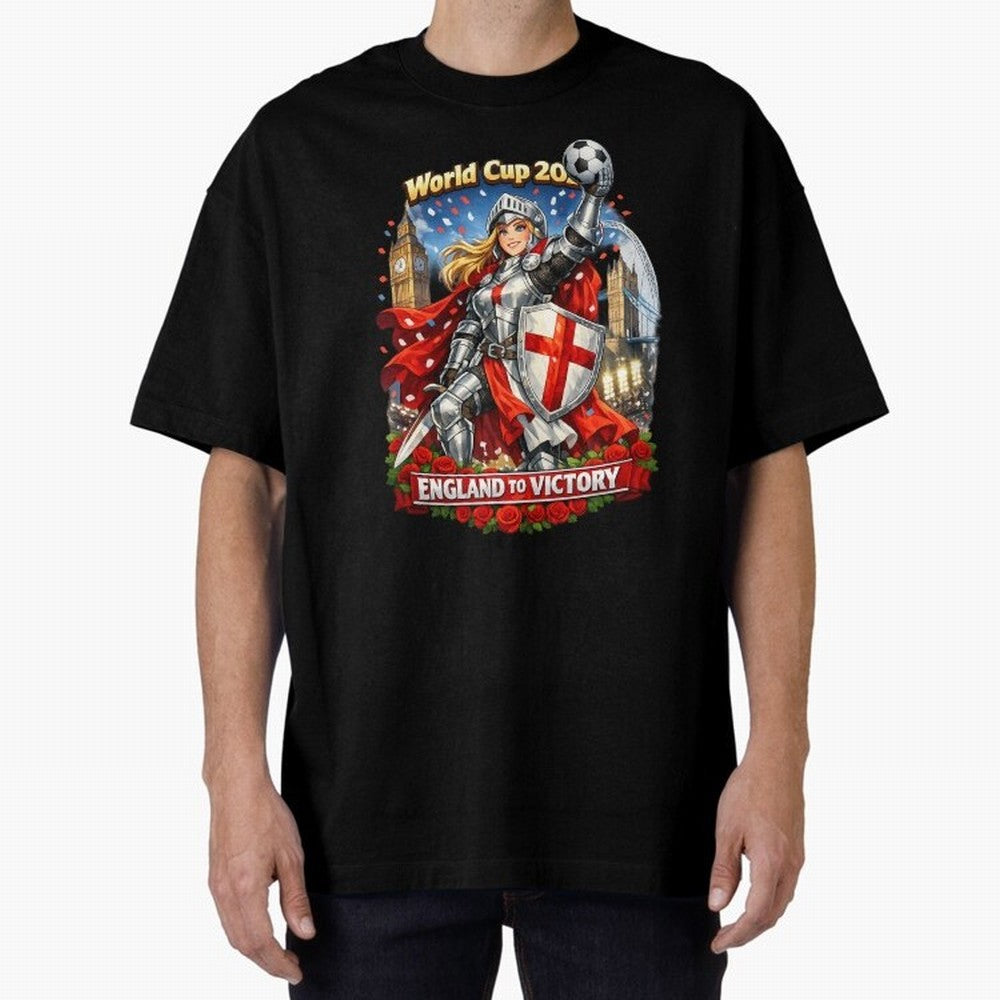 England To Victory Knight World Cup 2026 Oversized T-Shirt Capture FIFA World Cup 2026 Group Stage for Fans of Haaland and Mbappe and France, Bringing Sports Nostalgia, International Competition, Famous Players and Unforgettable Victories; Made for