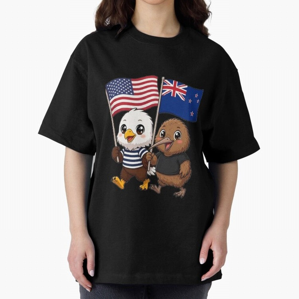 the American eagle and its friend the New Zealand kiwi Oversized T-Shirt Bring International Match Energy to Global Football Passion for FIFA World Cup 2026 USA Canada Mexico, Capturing Cristiano Ronaldo, Germany, Stadium Chants, National Pride,