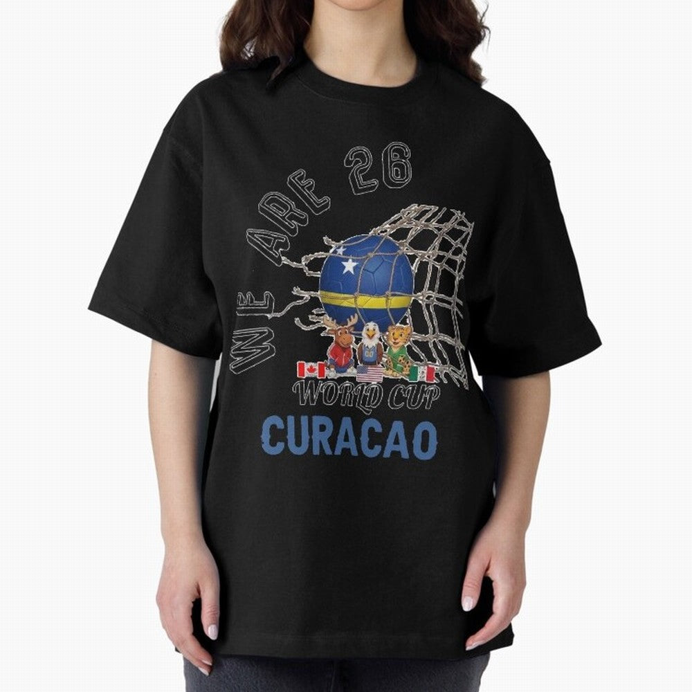 World cup 26 - Curacao Oversized T-Shirt Support Global Football Passion for FIFA World Cup 2026 USA Canada Mexico, Highlighting Haaland, Spain and Netherlands, Retro Football Energy, Iconic Rivalries, Trophy Chase Drama and Stadium Atmosphere;
