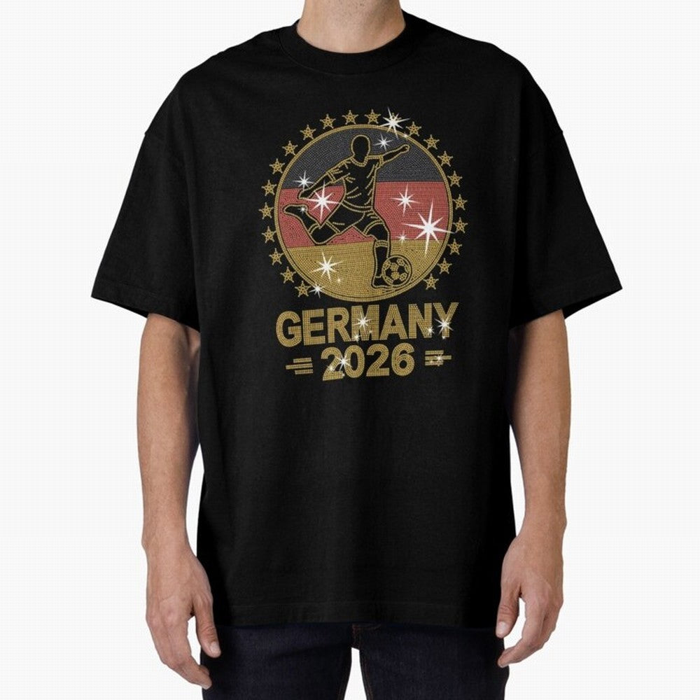 Germany Soccer World Cup 2026 Glitter Style Fan Art Oversized T-Shirt Get Ready for the FIFA World Cup 2026 USA Canada Mexico Journey through Mbappe and Neymar Highlights, Brazil, Portugal and Argentina Pride, Classic Soccer Heritage, Championship