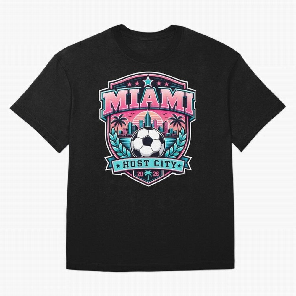 Miami 2026 Host City Emblem Soccer Football Events Oversized T-Shirt Stand with FIFA World Cup 2026 Group Stage Centered on Haaland, France Energy, Match Day Excitement, Supporter Culture, Golden Goals and Global Football Passion; Ideal for Fans