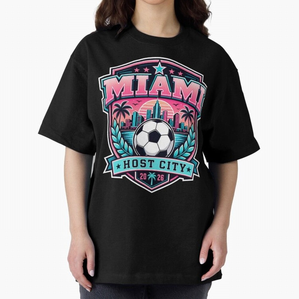 Miami 2026 Host City Emblem Soccer Football Events Oversized T-Shirt Stand with FIFA World Cup 2026 Group Stage Centered on Haaland, France Energy, Match Day Excitement, Supporter Culture, Golden Goals and Global Football Passion; Ideal for Fans