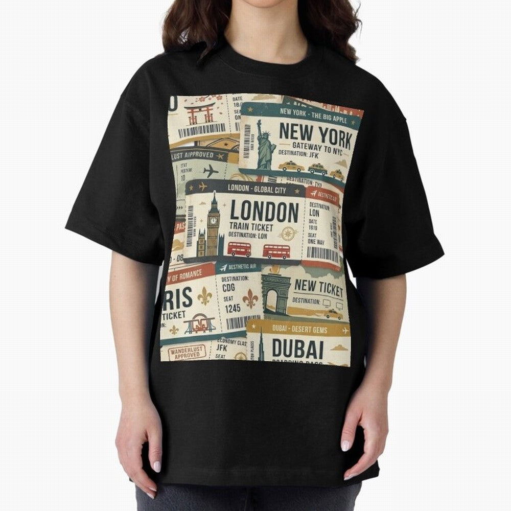 World Travel Ticket Aesthetic Collage Global City Vibes Oversized T-Shirt Get Ready for FIFA World Cup 2026 Group Stage for Fans of Neymar and Netherlands, Bringing Stadium Memories, Football Loyalty, International Chants and Championship