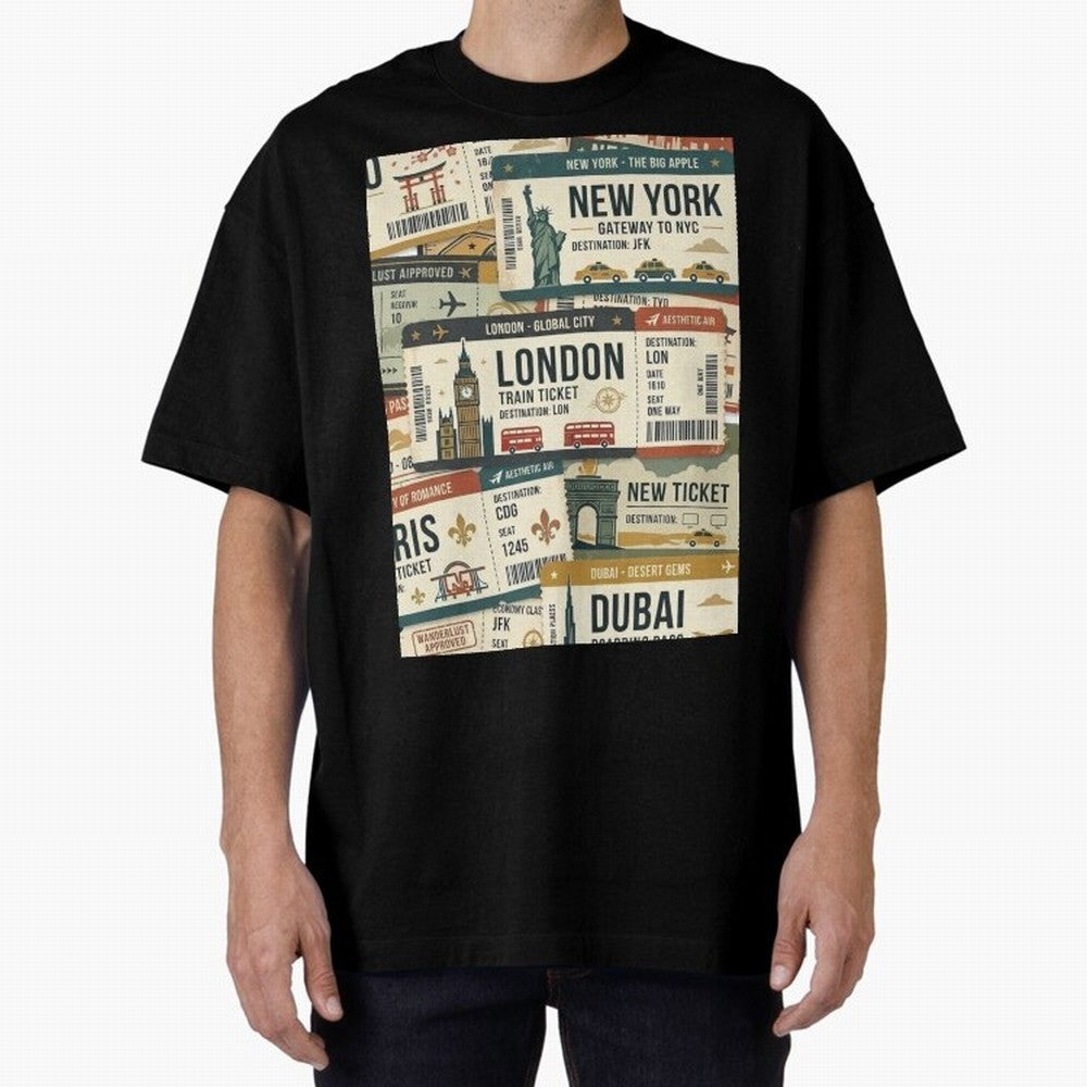 World Travel Ticket Aesthetic Collage Global City Vibes Oversized T-Shirt Get Ready for FIFA World Cup 2026 Group Stage for Fans of Neymar and Netherlands, Bringing Stadium Memories, Football Loyalty, International Chants and Championship