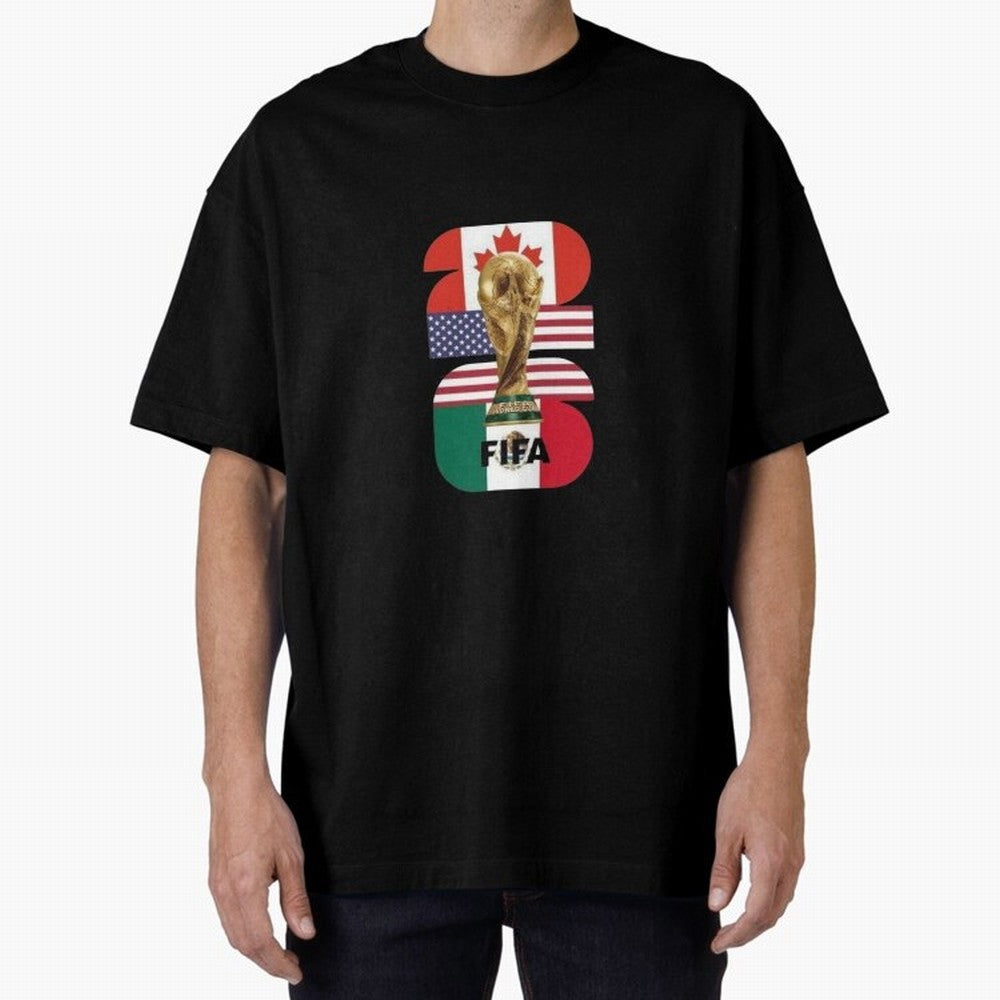 Three Nations Host Trophy Vertical Oversized T-Shirt Feel International Energy from Global Football Passion for FIFA World Cup 2026 USA Canada Mexico, Made for Messi, Neymar and Mbappe, Argentina, Goal Celebration Energy, Supporter Heritage,