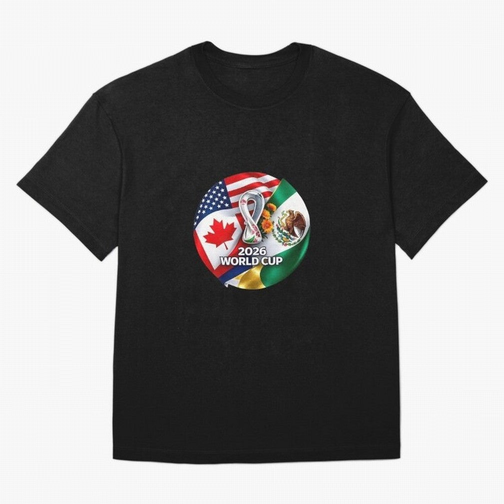Host Trio Flags Circular Emblem Oversized T-Shirt Stand with FIFA World Cup 2026 USA Canada Mexico Capturing Mbappe, England and Germany Energy, Soccer Culture, Superstar Moments, National Team Dreams and Competitive Fire; Perfect for Supporters
